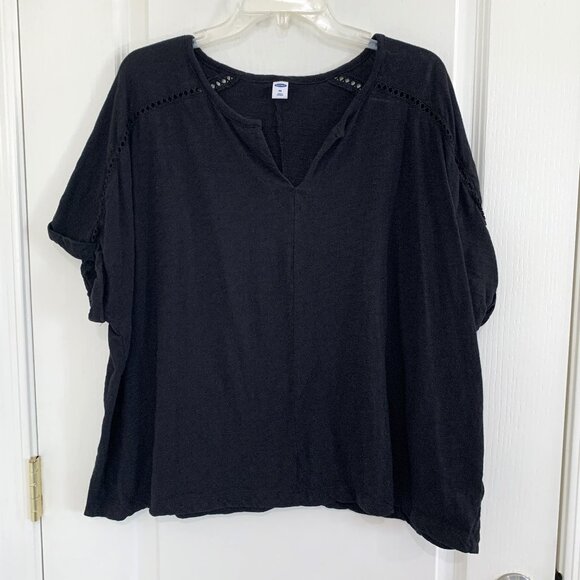 Old Navy Lace Trim Slub Knit Top Split Neck Short Sleeve Cotton Black Size XXL - Picture 1 of 4